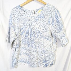 Boden Short Sleeve Linen Top Cream Light Blue Casual Sz 14